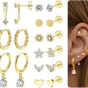Elegant 9-Pair Gold-Plated Stainless Steel Flat Back Stud Earrings for Women